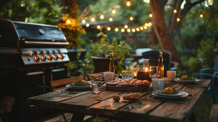 Cozy outdoor barbecue dinner setup with string lights, featuring grilled food, drinks, and a rustic wooden table, perfect for evening gatherings.