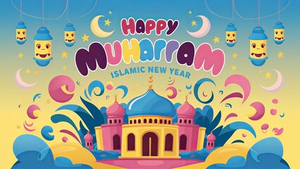 'HAPPY MUHARRAM' Islamic new yea, cartoon style