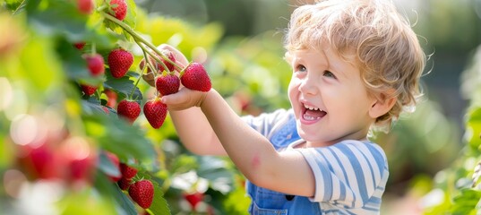Young child collecting ripe strawberries in a sunlit field on a delightful summer day