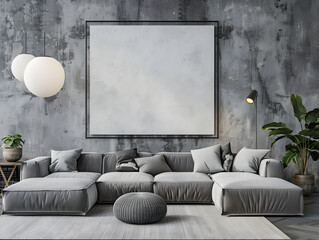 Living room with blank wall frame mockup