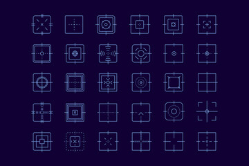 Crosshair gun sight vector icons set. Bullseye, target or aim symbol. Futuristic aim pointer. Military rifle scope, shooting mark sign. Targeting, aiming. Archery, hunting vector. Game UI element.