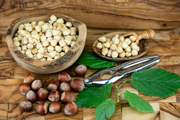Haselnüsse Corylus avellana auf Olivenholz