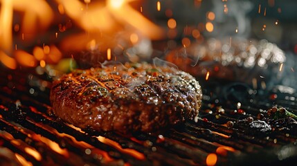 Close-up of a seasoned burger patty grilling on a flaming BBQ, capturing the sizzle, smoke, and...