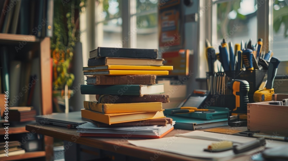 Poster a close-up image of a messy workbench with a stack of books, a toolbox full of tools, and an open no