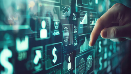 Online banking and digital money concept with man finger on virtual touch screen interface with central bank layout surrounded currency signs: dollar, euro, ruble and yen on abstract 