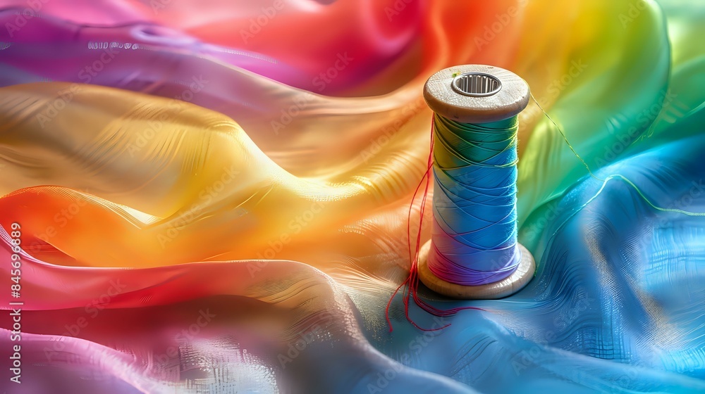 Poster rainbow thread spool with thimble on shiny chiffon material