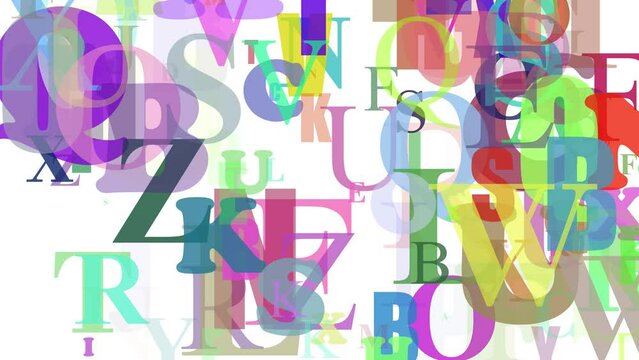 Frame full of letters.
Different size and colour letters appear then disappear.