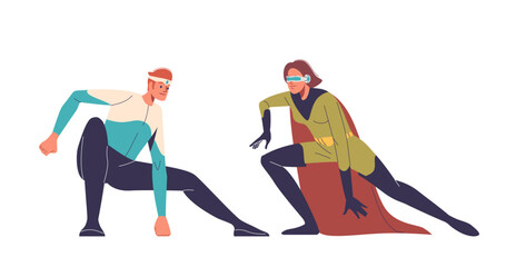 Two Adult Superheroes Ready For Action, Showcasing Strength And Determination. Characters Are Posed Dynamically