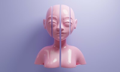 Pink plastic head of a woman divided into parts. 3d rendering