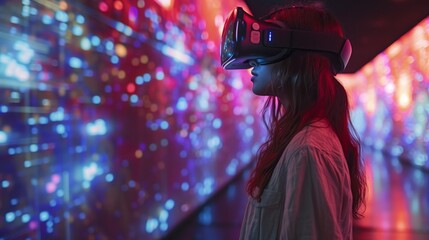 A woman wearing a VR headset stands in a brightly lit space, experiencing a virtual reality event with holographic networking.
