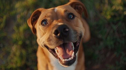 Happy canine grinning ear to ear, eyes shining with pure delight and contentment