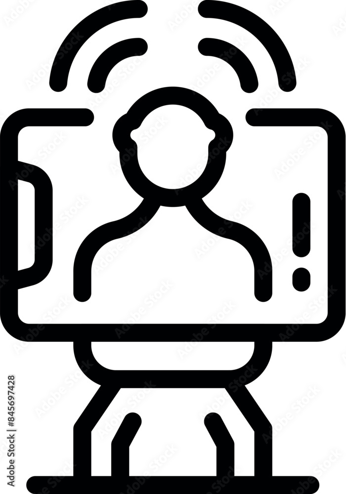 Poster line icon of a robot holding a tablet with a man having a video call on screen