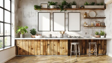 Rustic Kitchen Interior Design with Wooden Cabinets, White Countertop, and Three Blank Frames for Mockup