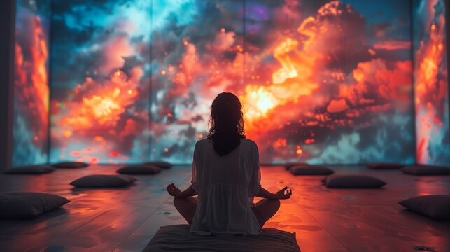 A woman meditates in a room with a holographic projection of clouds, during a guided meditation session.