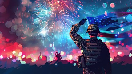 Inspirational illustration of a soldier saluting the flag with fireworks for USA Patriotic Day
