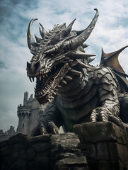 Fototapeta premium big dragon standing on a rock, dragon on a rock, massive dragon