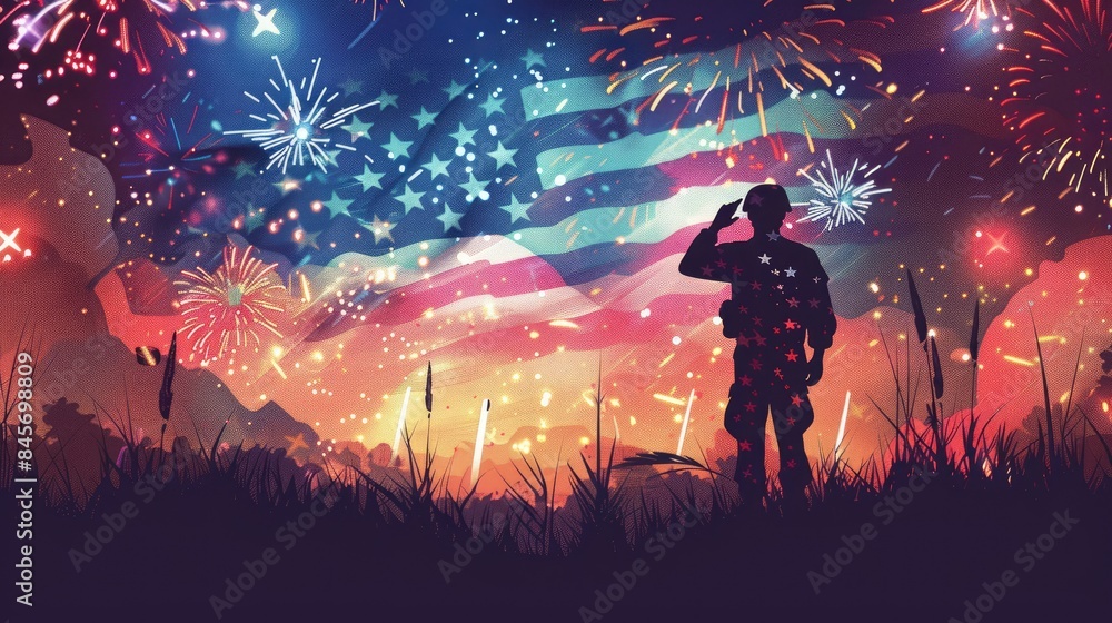 Sticker Inspirational illustration of a soldier saluting the flag with fireworks for USA Patriotic Day