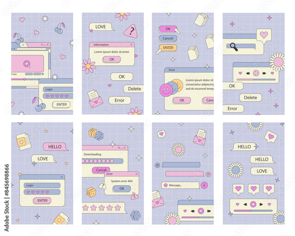 Fototapete Cute nostalgic 90s retro vaporwave post and story template. Social media stories and posts with old computer aesthetic ui elements vector set. Vector Illustration of retro groovy abstract interface.