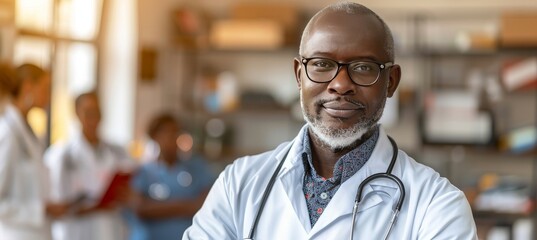 Doctor leading diverse team in hospital meeting, discussing treatment plans and medical progress