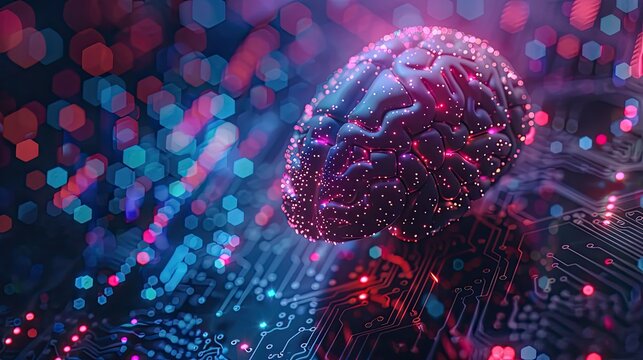 A glowing brain on a circuit board, symbolizing the concept of artificial intelligence and neural networks in advanced technology.
