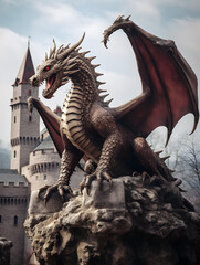 Fototapeta premium big dragon standing on a rock, dragon on a rock, massive dragon