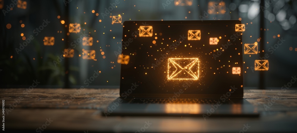 Poster laptop displaying open email surrounded by swirling vortex of translucent envelopes