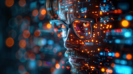 A close-up shot of a holographic news anchor with an overlay of data and glowing lights.