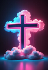 3d render mystical cloud and cross sign glowing with pink blue neon light abstract background