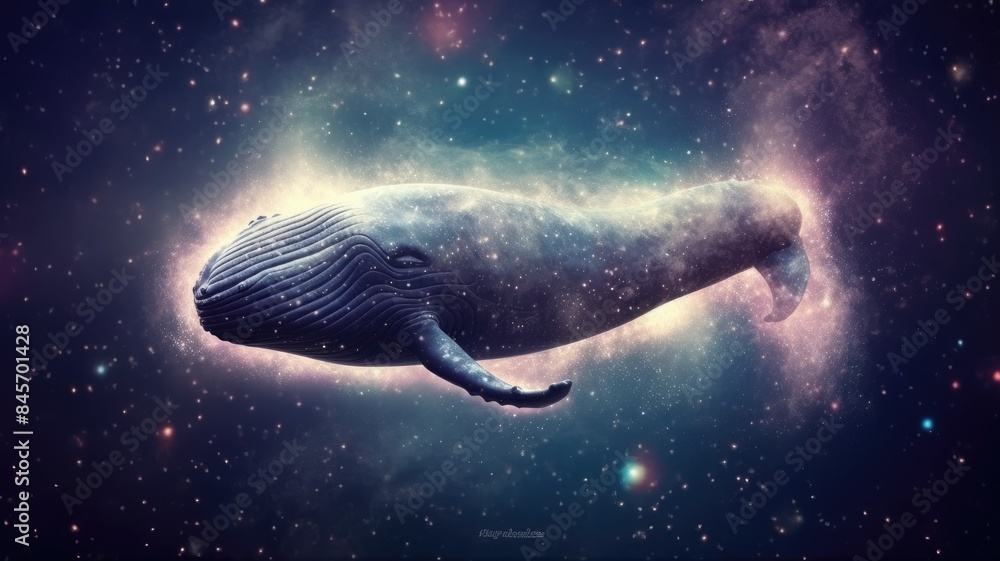 Poster surreal art design of a whale floating in space with a cosmic background and starry sky. digital art