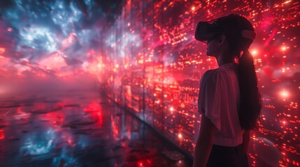 A woman wearing a VR headset stands in a space with a large, red and blue holographic display behind her.