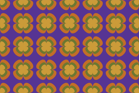 Circular yellow and green flowers geometric seamless pattern on a rich purple background, funky vintage aesthetic  style. Vector illustration design for background, wallpaper, textile, print, wrapping