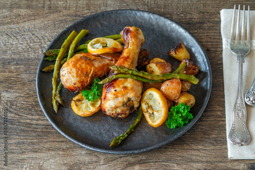 Poster lemon chicken drimsticks with baked potatoes and asparagus