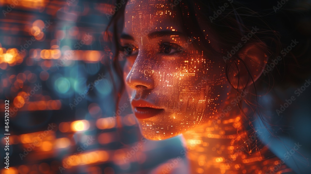 Poster a close-up portrait of a womans face illuminated by holographic light, creating a futuristic and oth