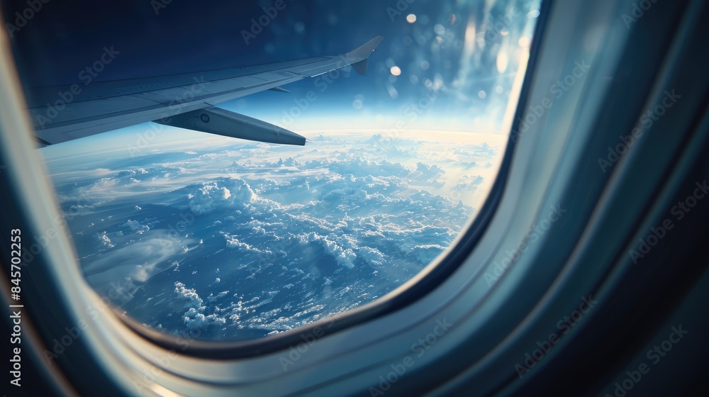 Aufkleber view of an aircraft wing soaring in the sky as seen through a window with a blurred background of th