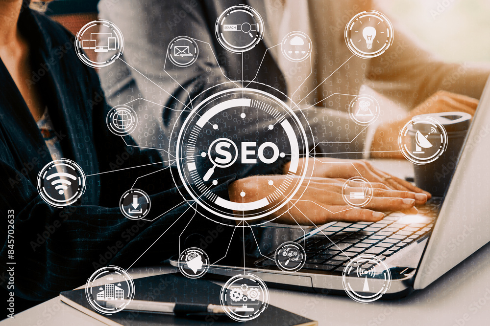 Aufkleber seo - search engine optimization for online marketing concept. modern interface showing symbol of ke