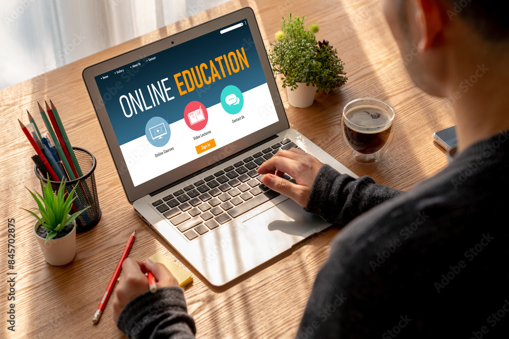 Poster e-learning website with modish sofware for student to study online on the internet network