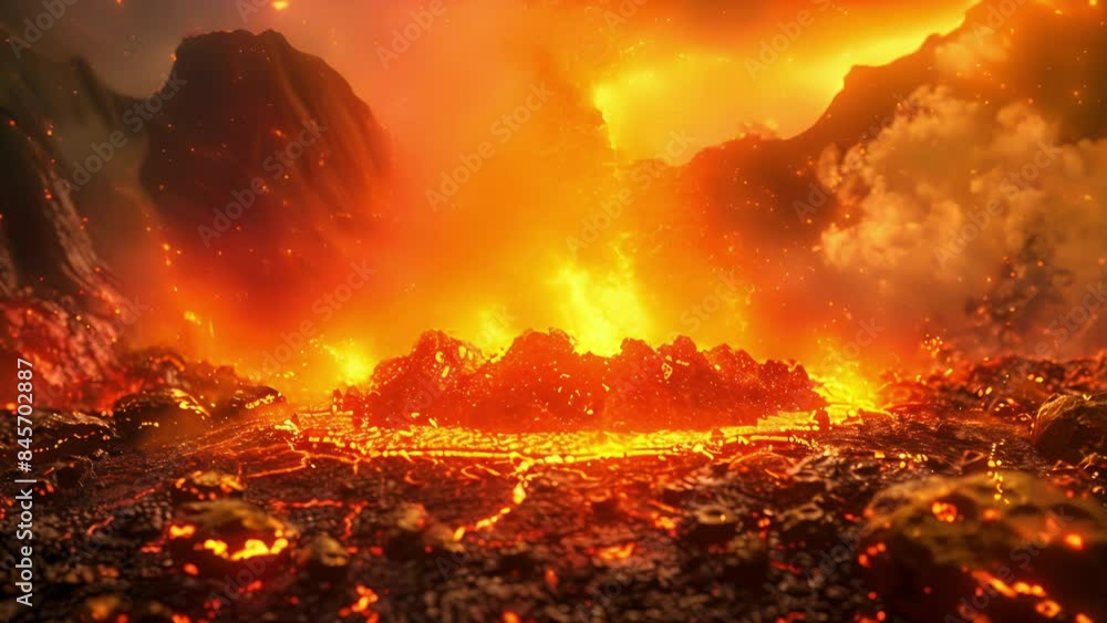 Poster the molten core of a digital world exposed as a cryptocurrency volcano violently explodes with a bur
