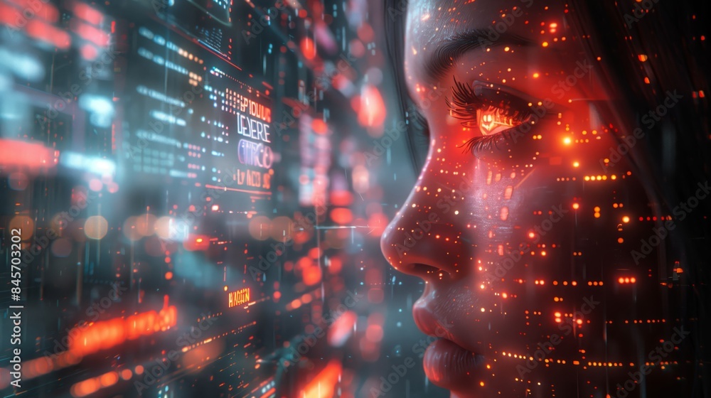 Poster a holographic projection of a womans face, overlaid with digital data and red lights, during a virtu
