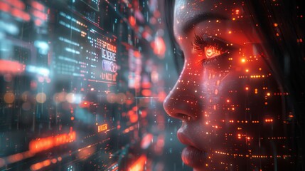 A holographic projection of a womans face, overlaid with digital data and red lights, during a virtual interview for a job application.