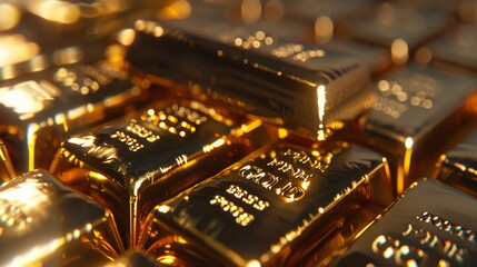 Gold bars and luxury wealth for finance and investment. Shiny treasure in banking and commerce. Precious metal currency, rich savings and financial success. Pure metallic reflection.