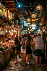 Dynamic street market  diverse vendors selling exotic fruits and spices in vibrant setting