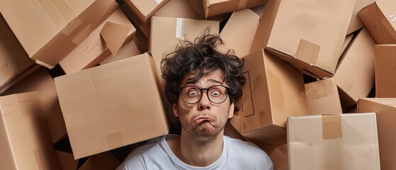 A man with a distressed expression is buried under a pile of cardboard boxes.