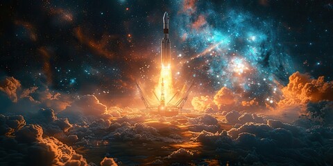 spaceship rocket launching from launch pad at space station platform global satellite communication services or nuclear war missile concept banner with hud