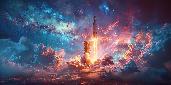 spaceship rocket launching from launch pad at space station platform global satellite communication services or nuclear war missile concept banner with hud
