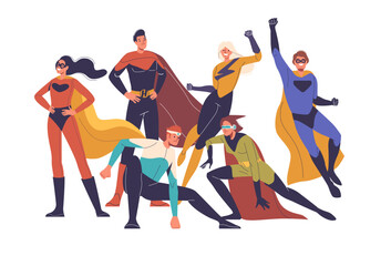 Group Of Six Diverse Superheroes In Dynamic Poses, Showcasing Teamwork, Power, And Heroism. Cartoon Comics Characters © Pavlo Syvak