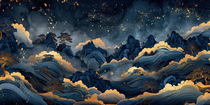 seamless japanese pattern on gold wave background