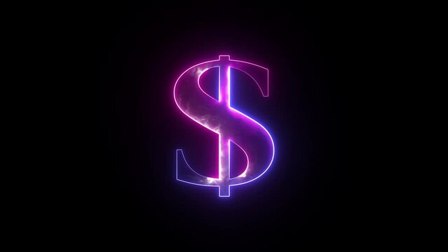 Glowing dollar symbol icon. Doller animation sign glowing neon on isolated black background