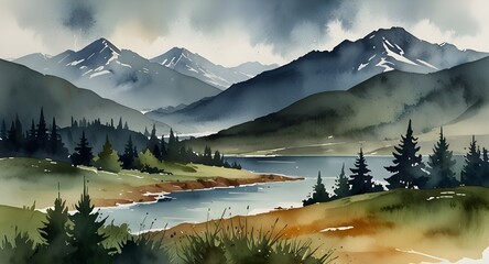Mountain landscape watercolor painting illustration. Abstract contemporary aesthetic backgrounds landscapes. with mountains, hill and sea
