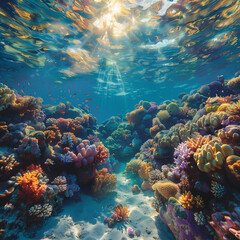 Obraz premium A coral reef under the clear blue sea: A vibrant coral reef teeming with colorful marine life thrives beneath the crystal-clear turquoise waters of the ocean, sunlight filtering through, creating