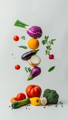 Assorted fresh vegetables floating on white background, creating a vibrant image